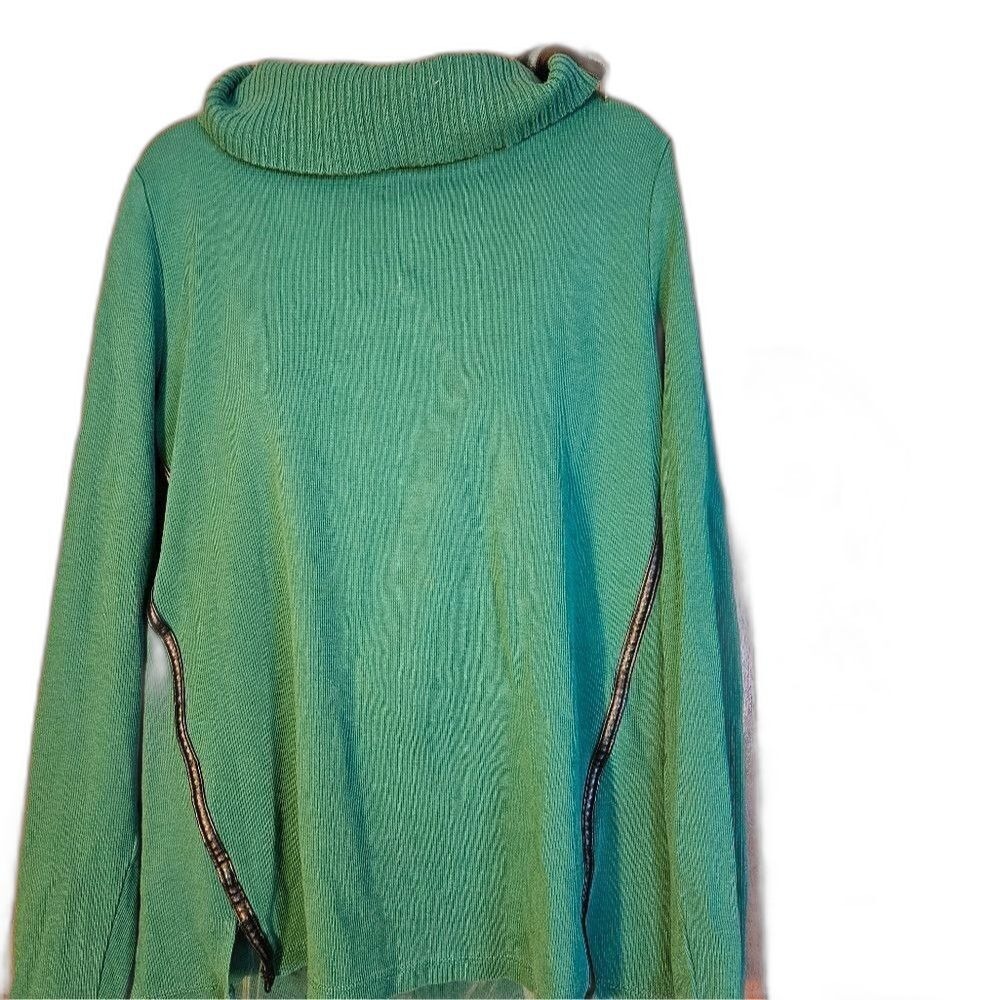 Rafaella Green Mixed Media Pullover XL Faux Leather Trim Cowl Neck Tunic Sweater